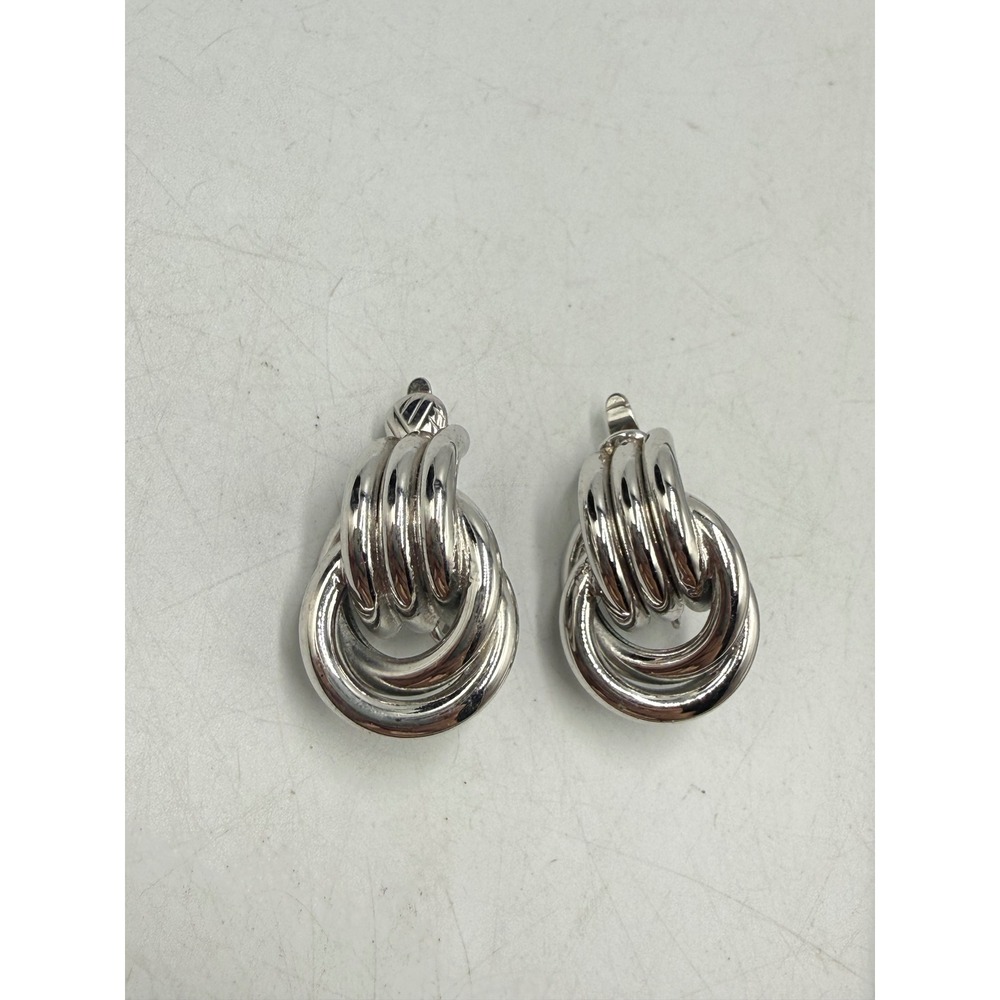 Trifari Vintage Silver Tone Multi Hoop Door Knocker Clip On Earrings